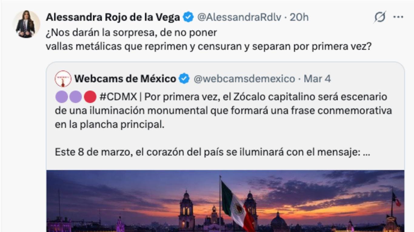 Alessandra Rojo de la Vega cuestiona vallas para el 8M en el Zócalo