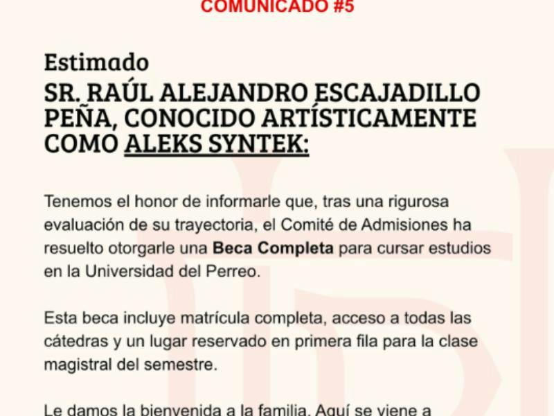 Otorgan irónica 'beca completa' a Aleks Syntek en la satírica 'Universidad del Perreo'