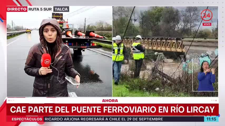 Corte parcial en Ruta 5 Sur por socavón y cae parte del puente ferroviario en Talca