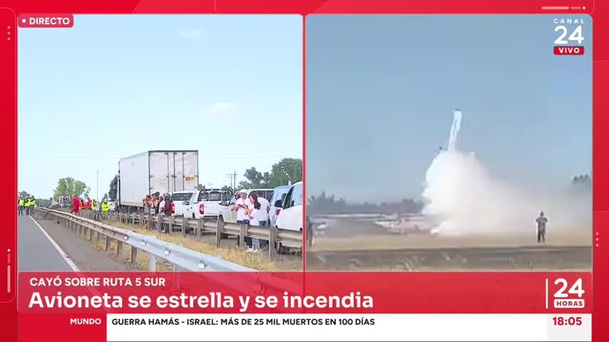 Momento exacto en el que una avioneta capotó en la Ruta 5 Sur en Talca