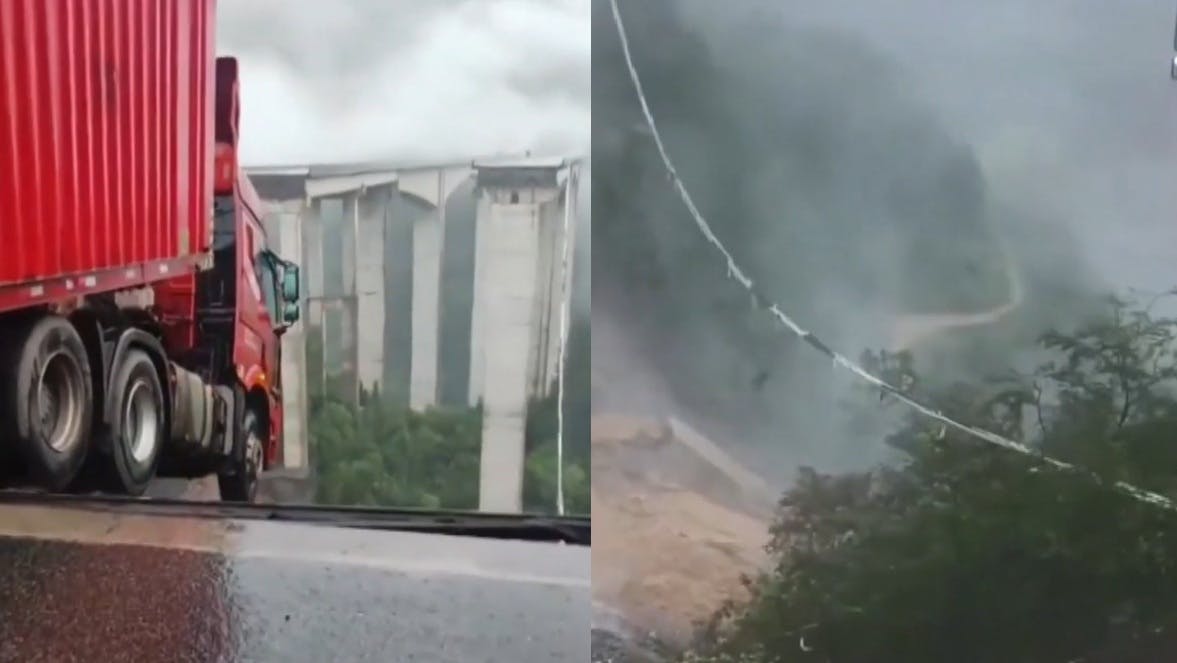 Puente cayó por lluvias y camión quedó colgando