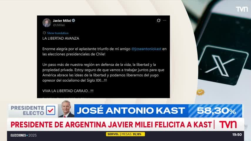 "La libertad avanza": Presidente Javier Milei celebra triunfo de José Antonio Kast
