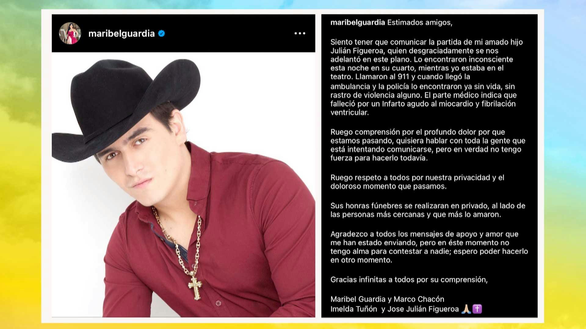 Maribel Guardia confirmó el fallecimiento de su hijo, Julián Figueroa.