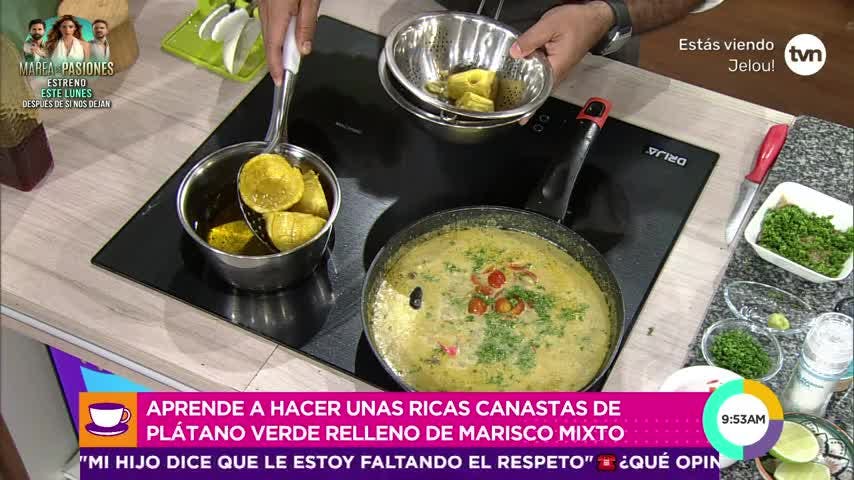 Receta de canasta de plátano verde rellena de mariscos